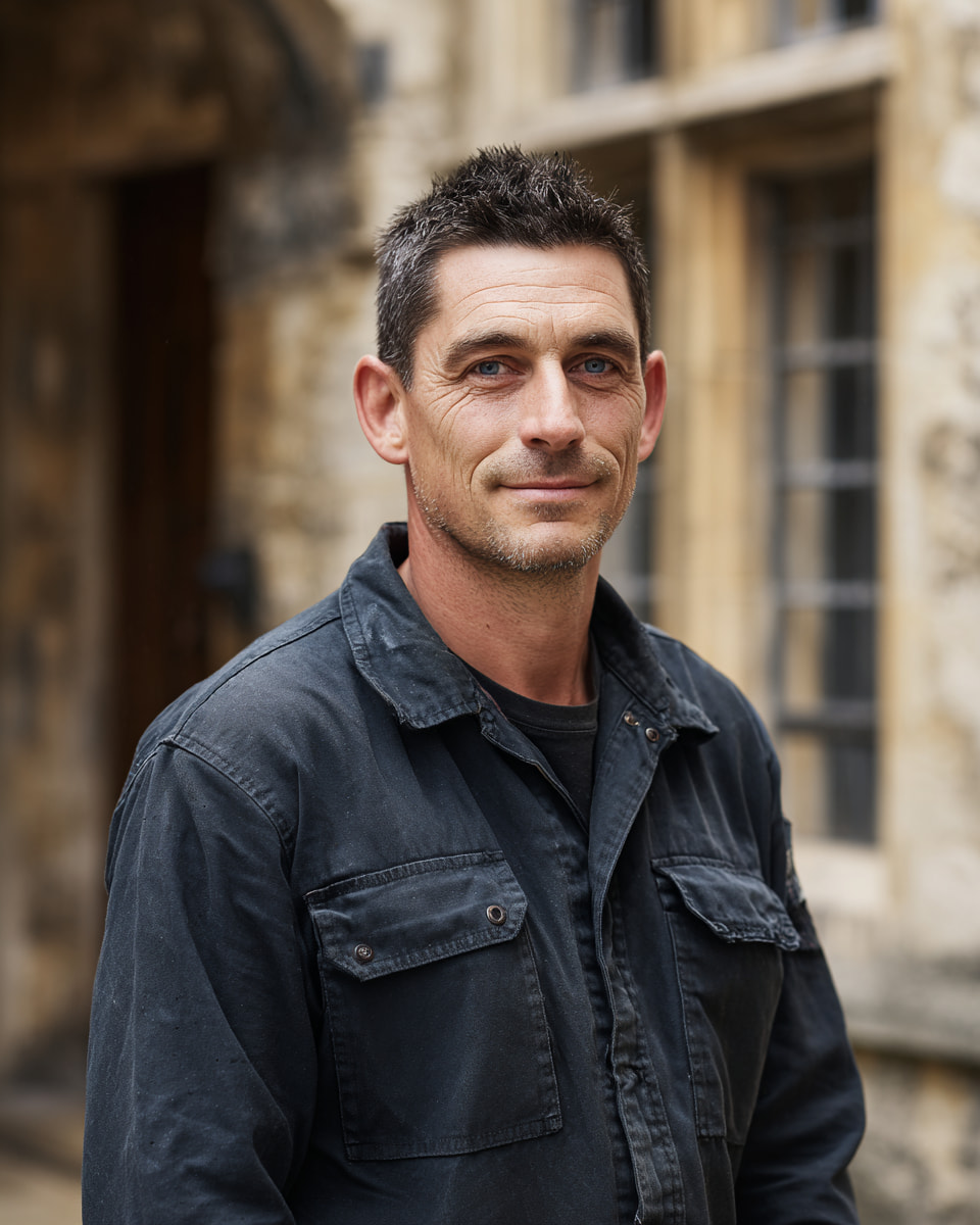 Daniel Swift, founder of Swift Electrical, in clean dark workwear.