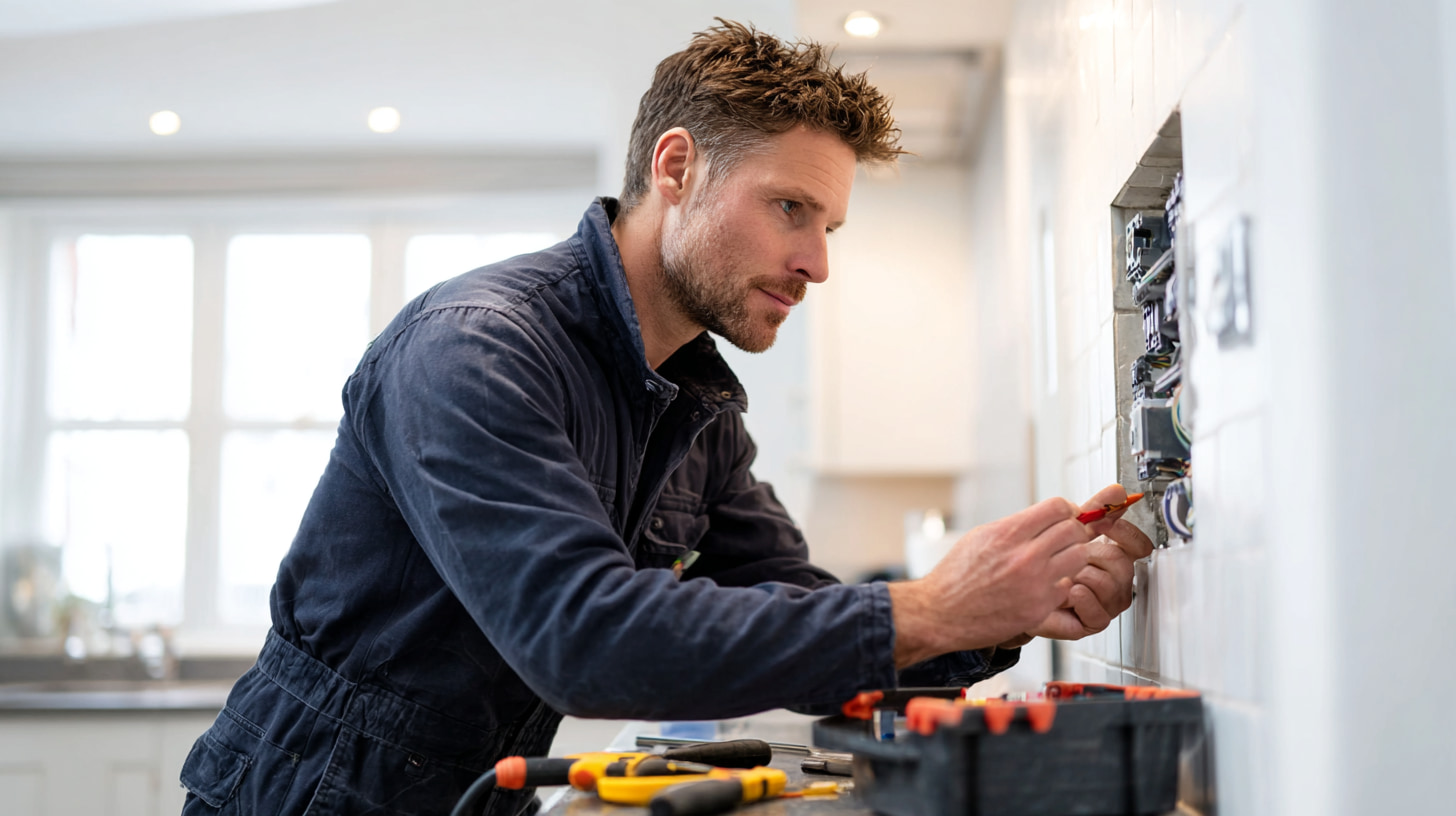 An electrician in smart dark workwear neatly installing a modern white consumer unit in natural light.
