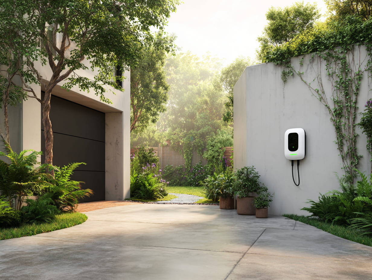 A clean white EV charger mounted on a garage wall with a driveway visible.