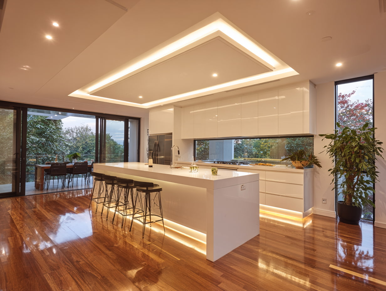 A row of recessed LED downlights installed in a clean kitchen ceiling with even spacing.