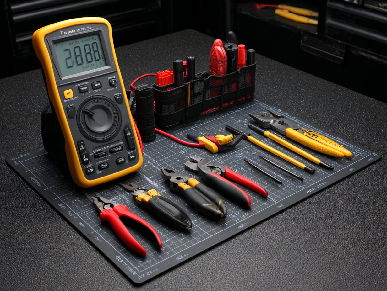 A tidy fault-finding setup with a multimeter and insulated tools on a protective mat.