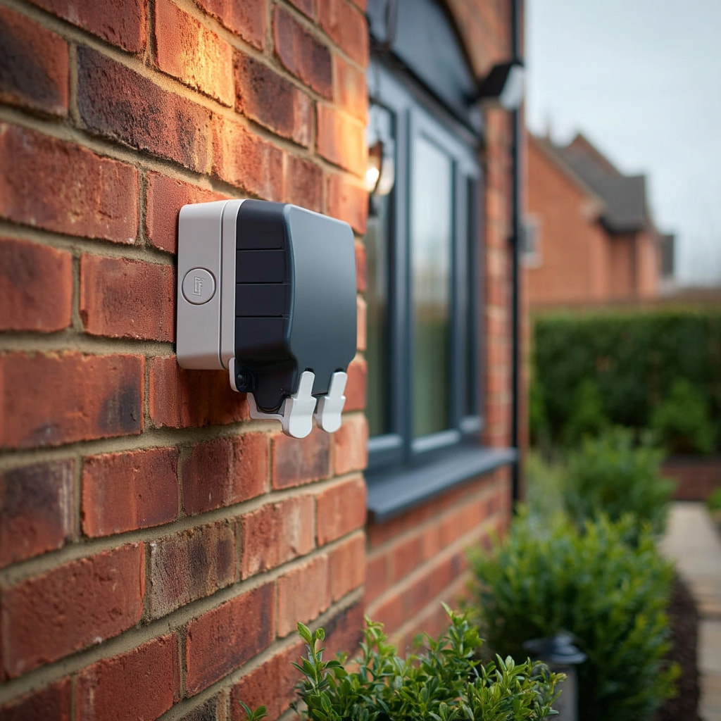 A weatherproof double socket neatly fitted to a Cotswold stone wall.